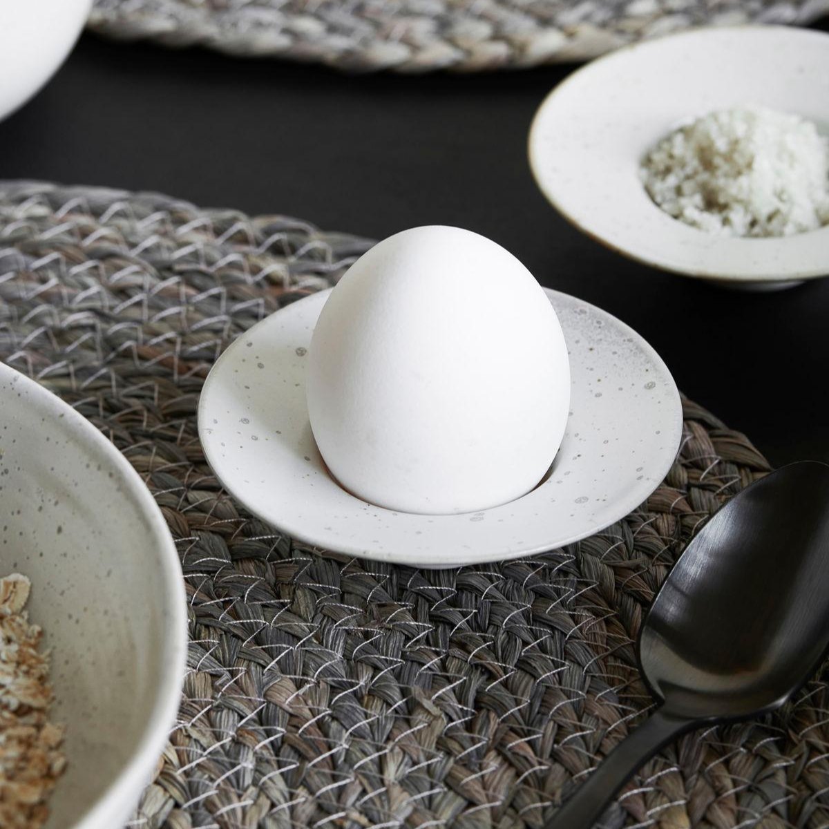 speckled white egg cup/saucer