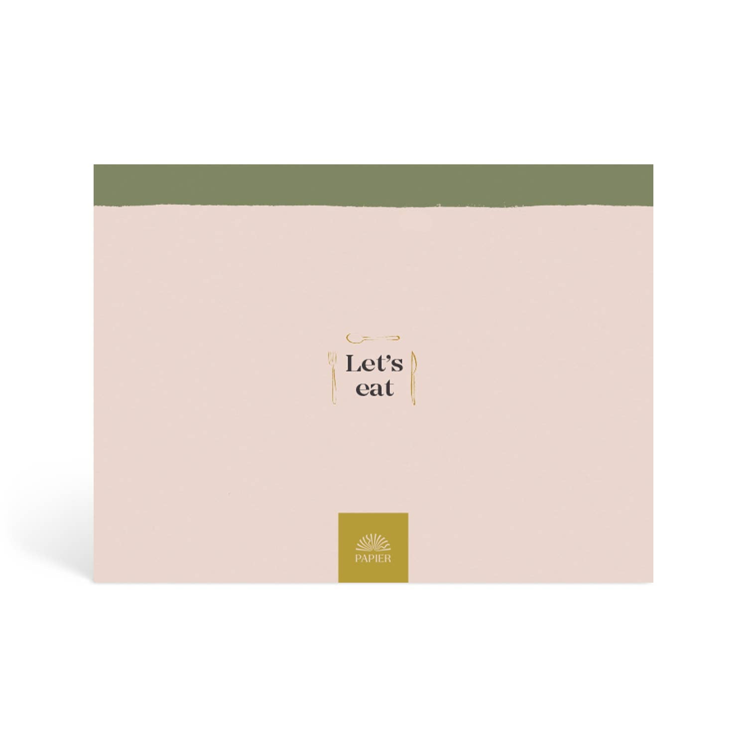 Back cover of Vegetable Medley Meal Planner. Small illustration of fork, knife and spoon framing text "Let's eat" on neutral background, with rustic green stripe along spine. Gold "Papier" logo on the bottom.