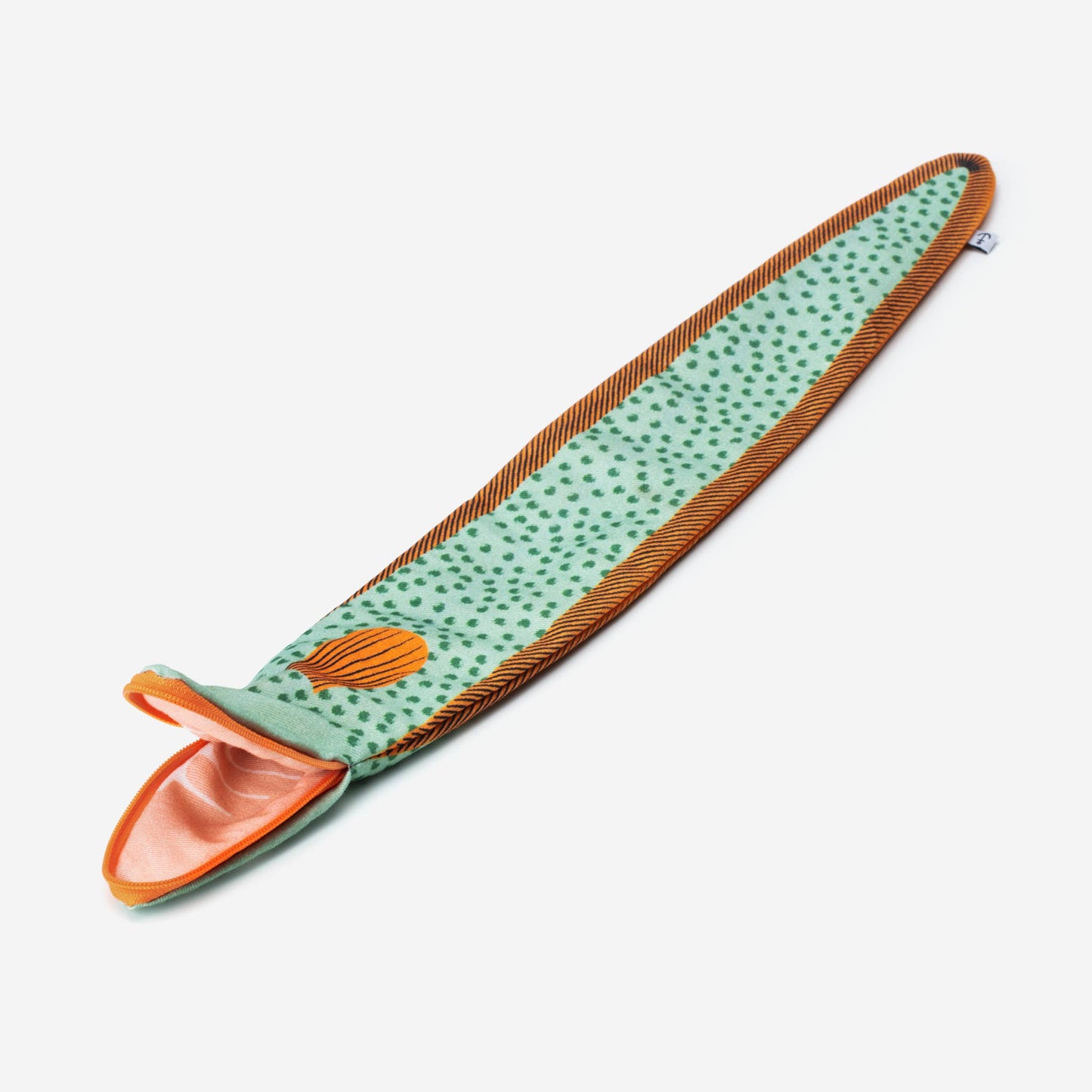Eel pouch for knitting needles -- mint blue and orange; flat and opened at the mouth 