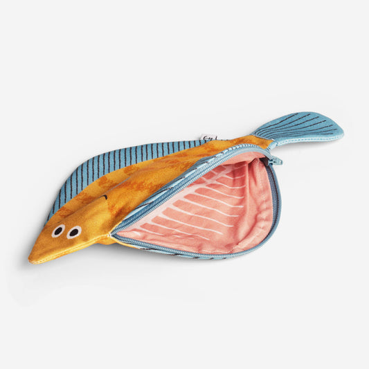 Plaice fish pouch. Fish is orange with dark orange stripes and blue fins. Picture has bag open so you can see the bones inside of the fish.