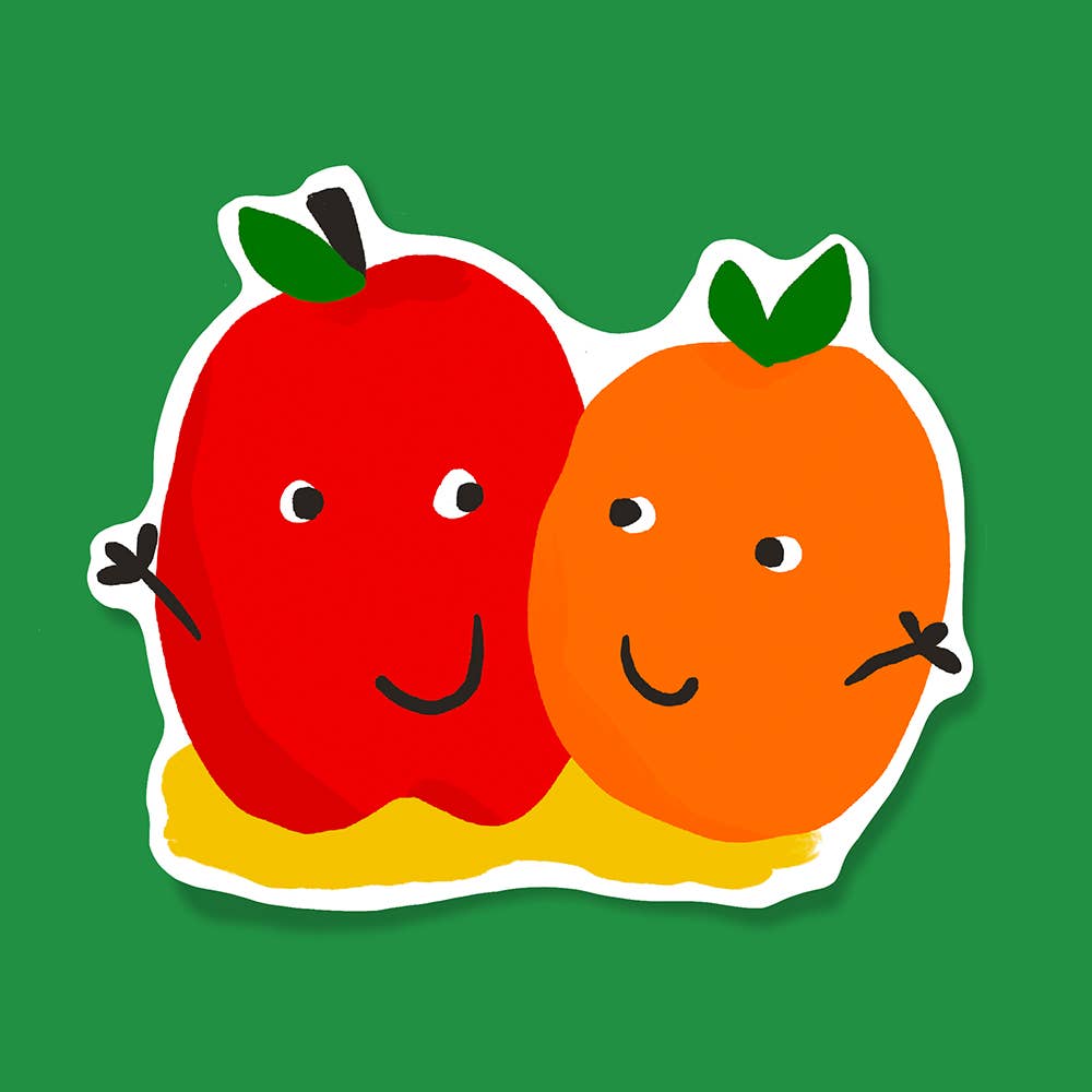 Sticker of an apple and orange, each with a smiley face, are hugging each other