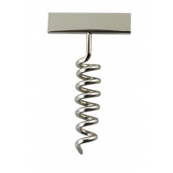 Silver lapel pin shaped like a classic corkscrew.