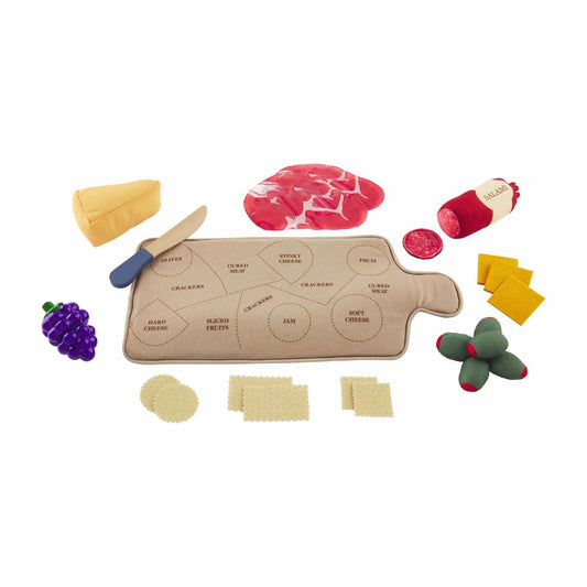 Polyester Cheese and Charcuterie Board for kids 3+. Includes cheese, olives, crackers, salami, grapes and a spreader.