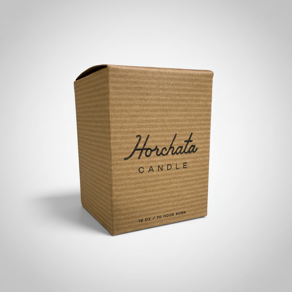 Brown cardboard box with 'Horchata Candle' text on a light gray background