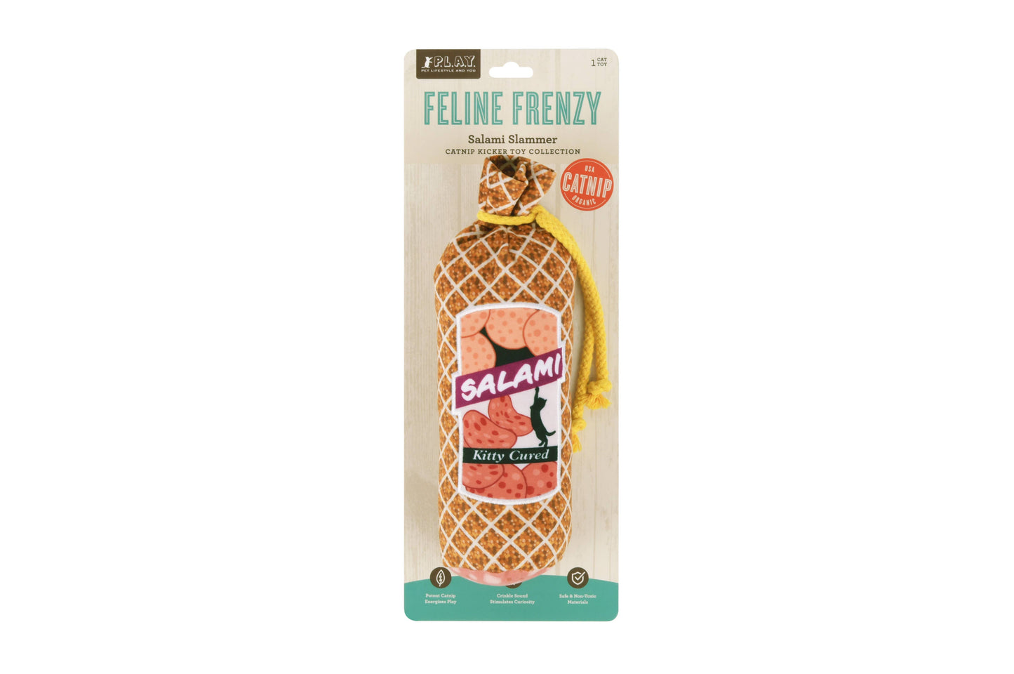 Catnip toy packaging labeled 'Feline Frenzy' with a salami design on a white background.