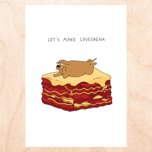 Greeting card with a dog laying on top of a slice of lasagna. Text reads "Let's make lovesagna" 