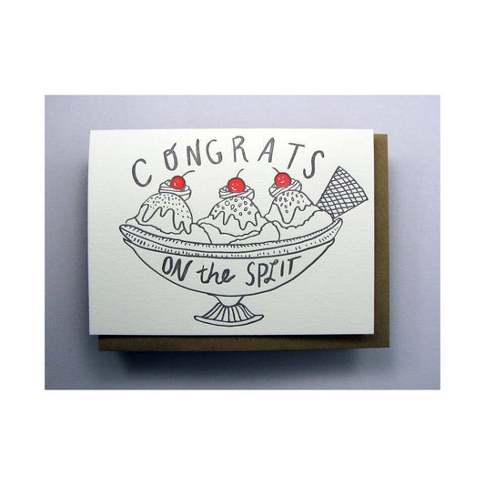 Greeting card celebrating a divorce or separation -- illustration of a banana split with 3 cherries on top and text that reads "Congrats on the split" 