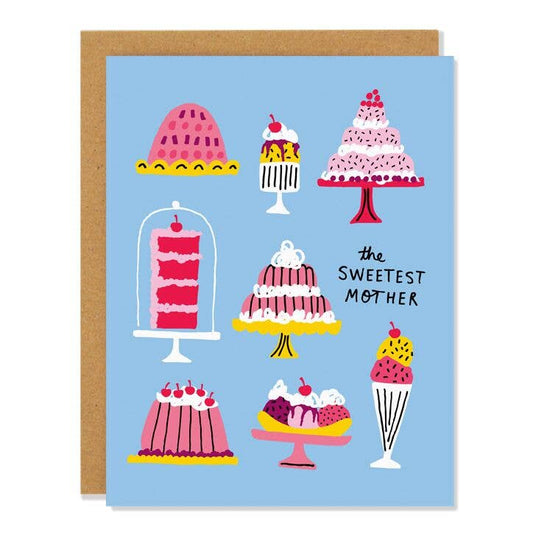 Blue card with various cakes and sweet treats on it. Text reads "the sweetest mother" 