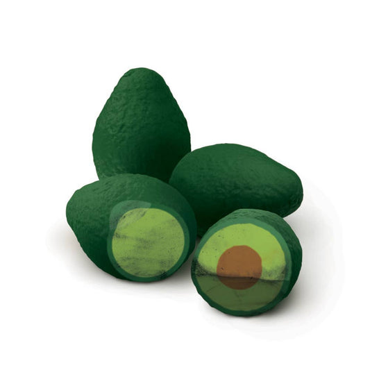 4 avocado erasers -- 2 shown as whole avocados and the other two each revealing a different layer -- flesh and flesh with pit 