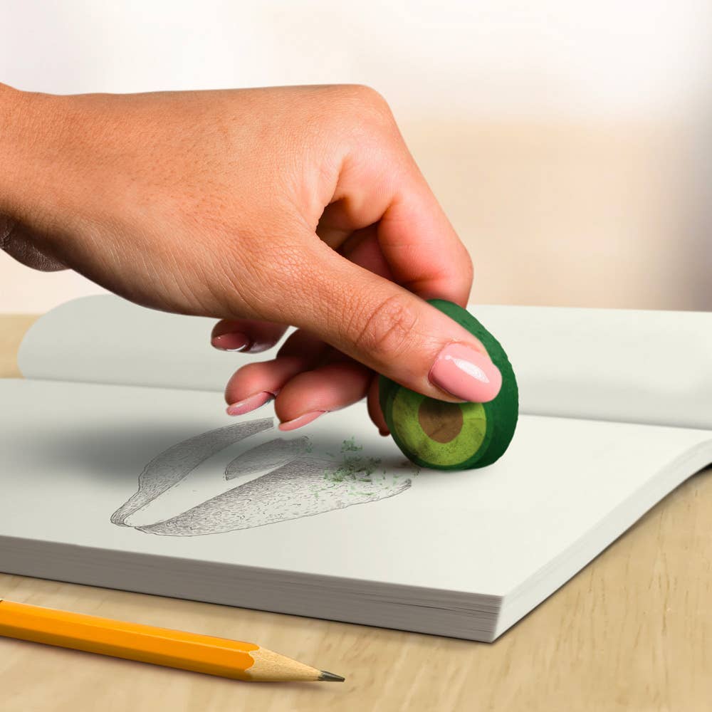 Mini avocado eraser being used -- can see layer up to the pit 