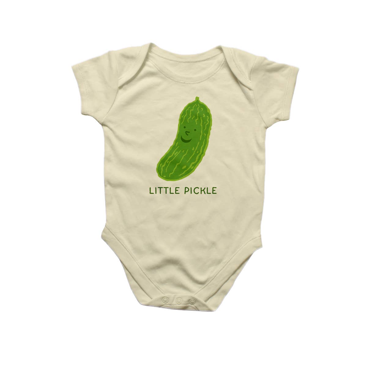 Baby onesie with snap closure on bottom -- has image of a dill pickle with a smiley face on it with text underneath that reads "little pickle" 