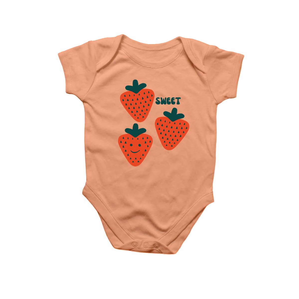 Pink baby onesie with snap closure on bottom -- design is 3 strawberries, with text that says "sweet" in top right and one with a smiley face 