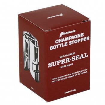 Packaging for champagne stopper - retro design, white text and illustration on rusty red background.