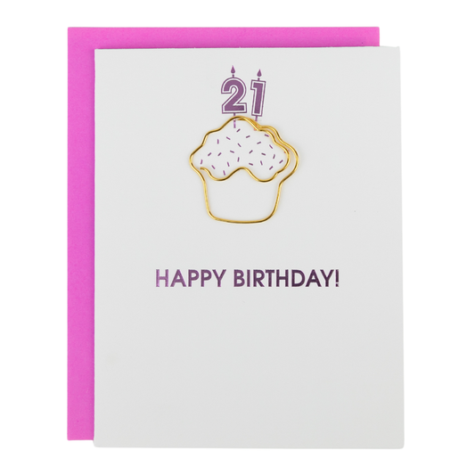 21st birthday card with a cupcake illustration/paper clip and 'Happy Birthday!' text on a white background