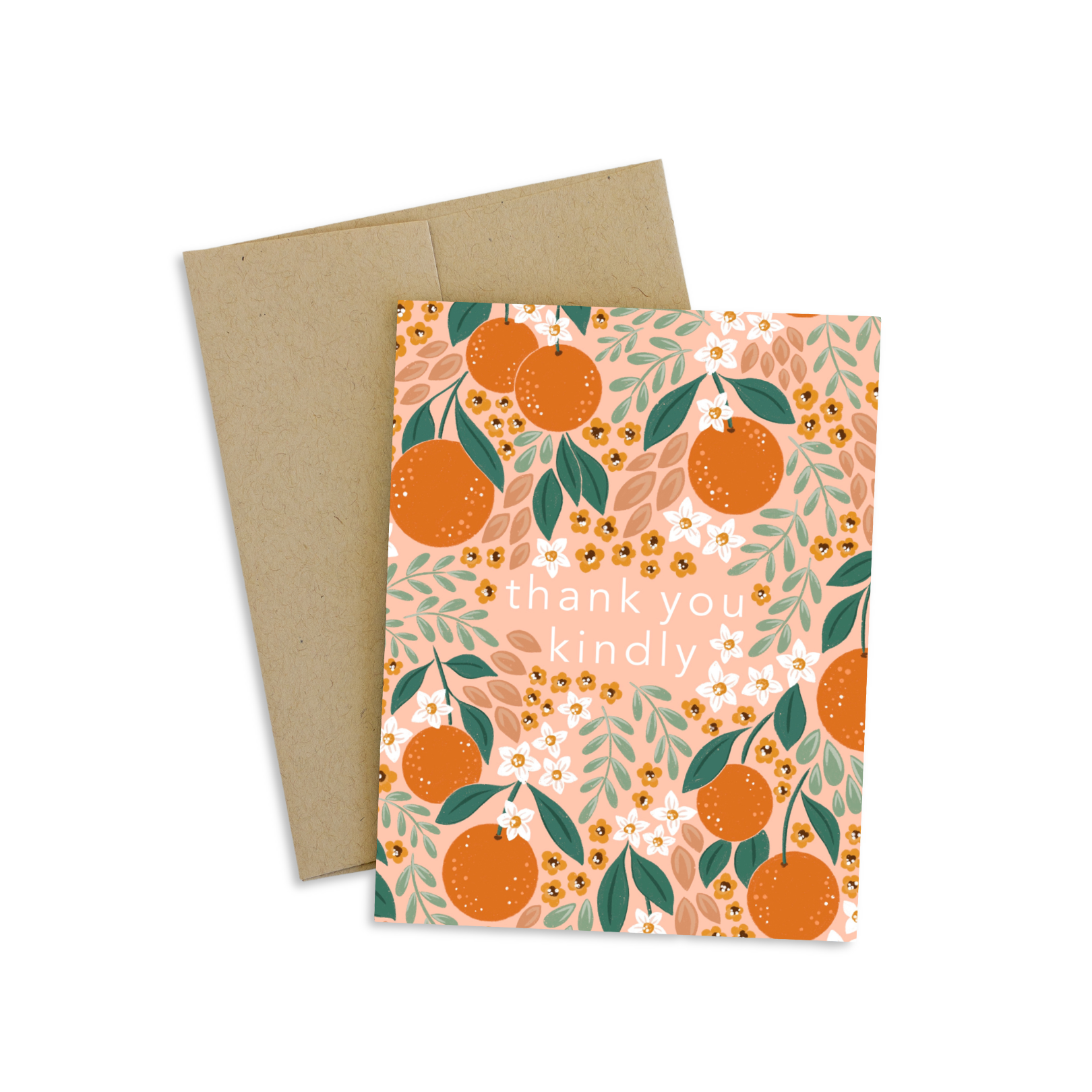 Greeting card with a floral and oranges design with text that reads "Thank you kindly" 