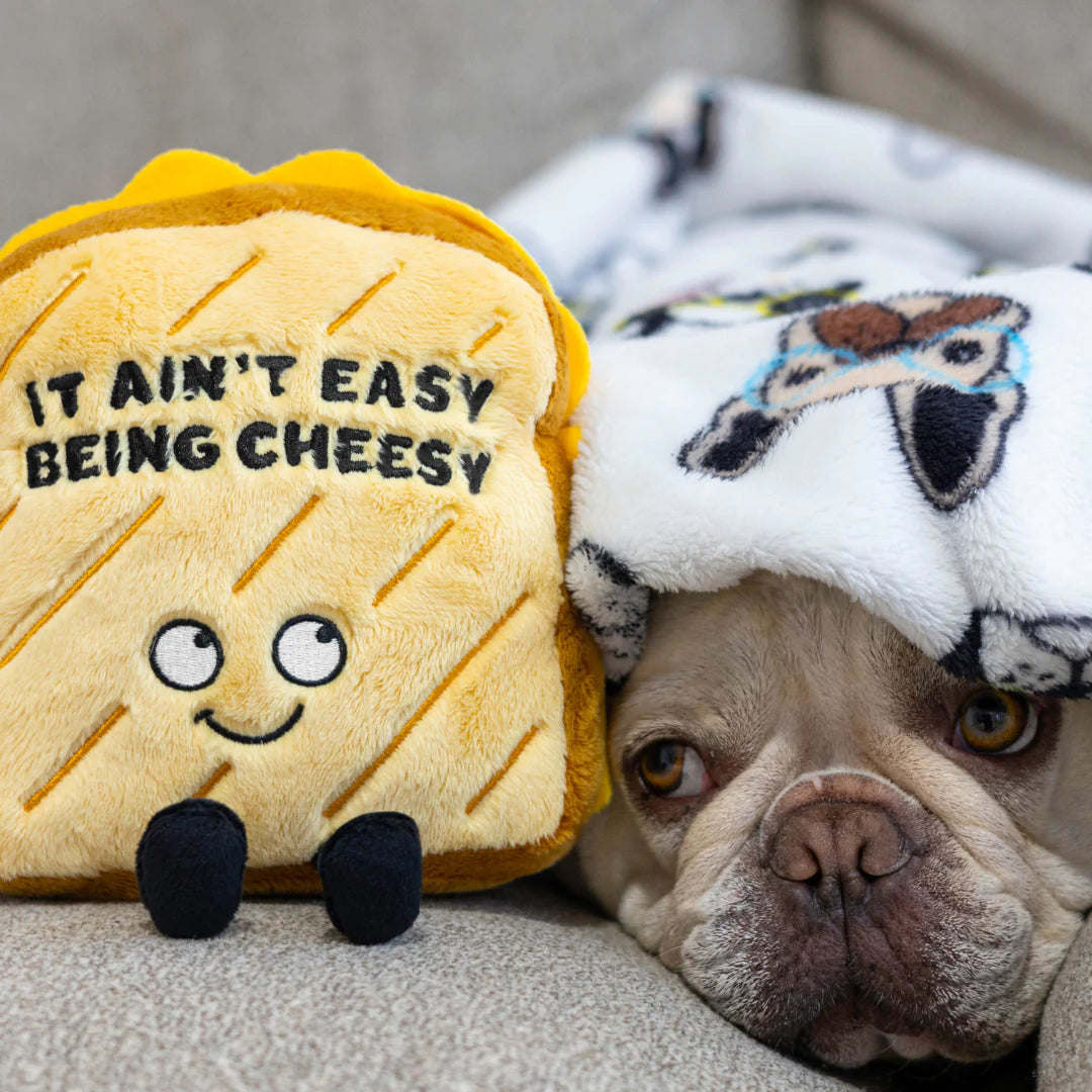 Photo of grilled cheese plushie on the couch next to a cute dog.