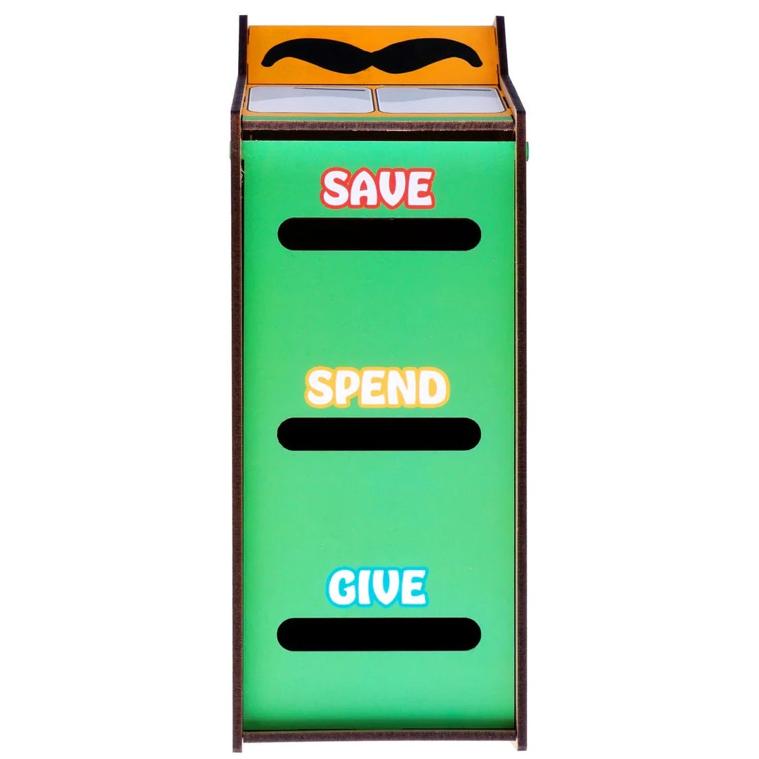 Taco truck piggy bank - top view. Three slots labeled "SAVE," "SPEND" and "GIVE" on green background.