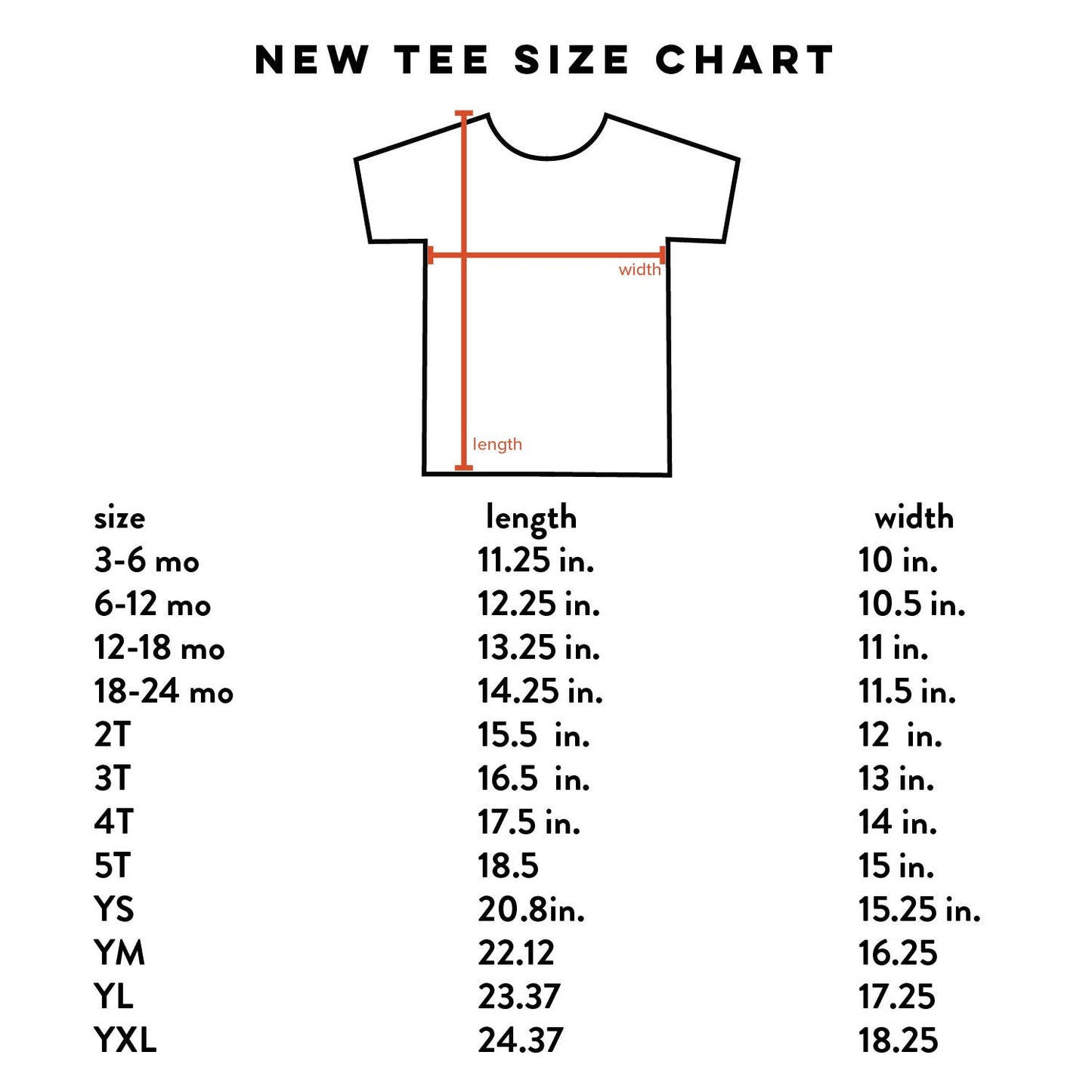 New Tee Size Guide for the Pho shirt.