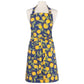 Navy apron with yellow lemon pattern on a white background