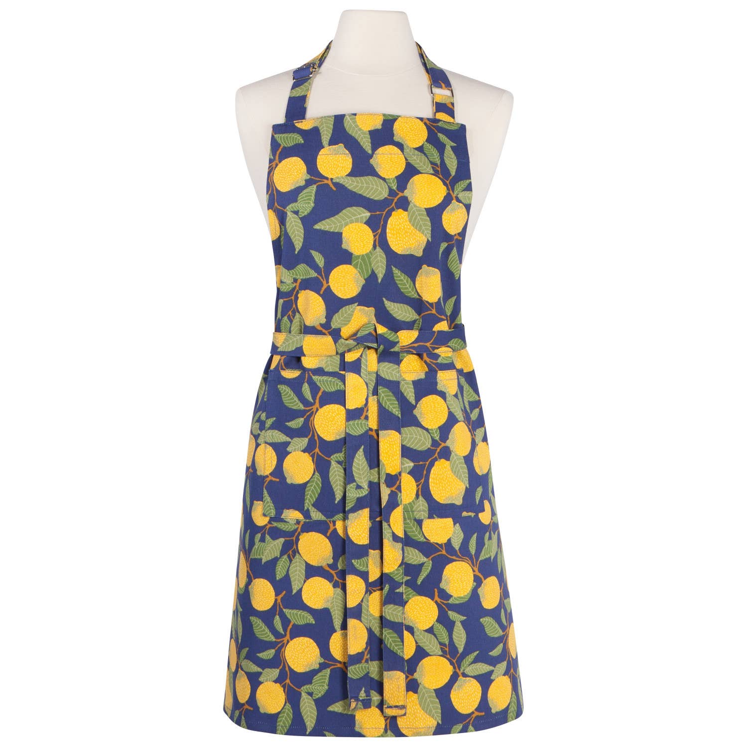 Navy apron with yellow lemon pattern on a white background