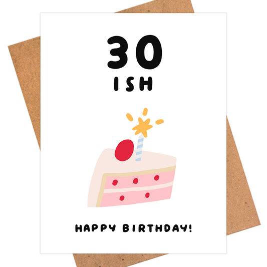 Birthday card with a slice of cake illustration and '30ish' text on a white background.