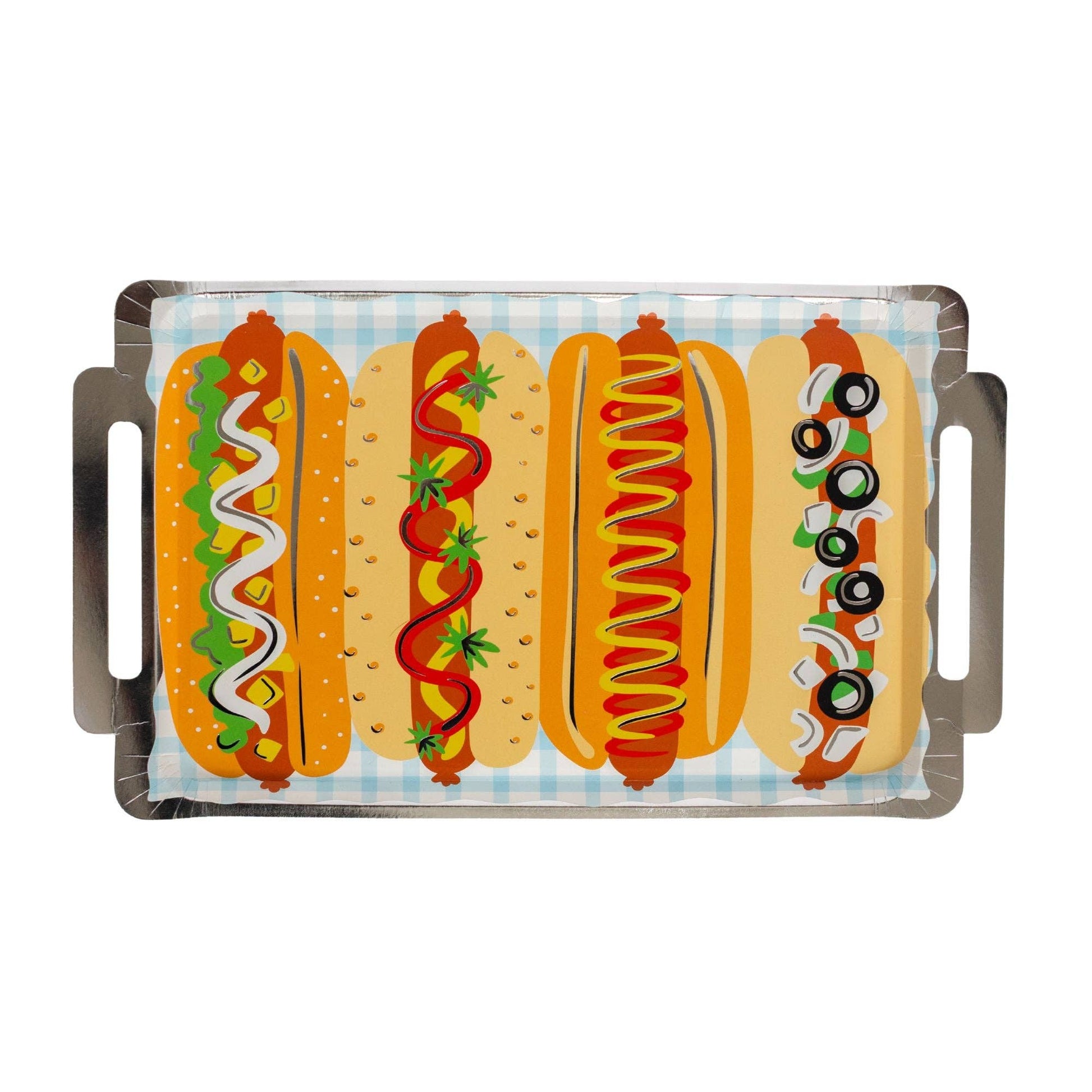 Rectangular tray with illustrations of hot dogs with various toppings on a checkered background