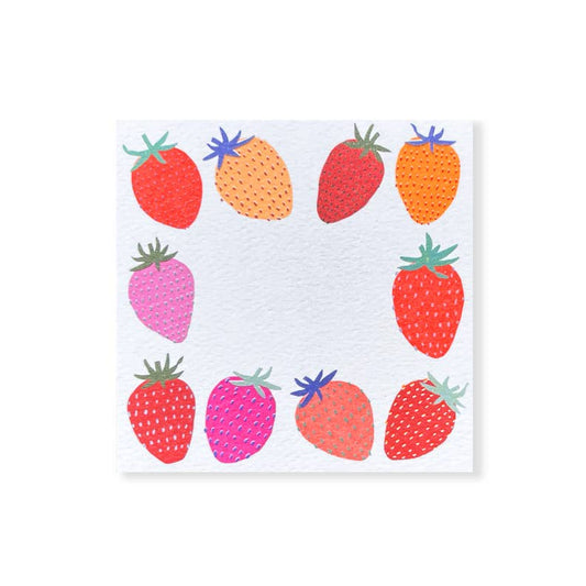 Blank notecard with bright colored strawberries decorating the edges