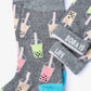 Gray socks with bubble tea design and 'BOBA IS LIFE' text on a white background
