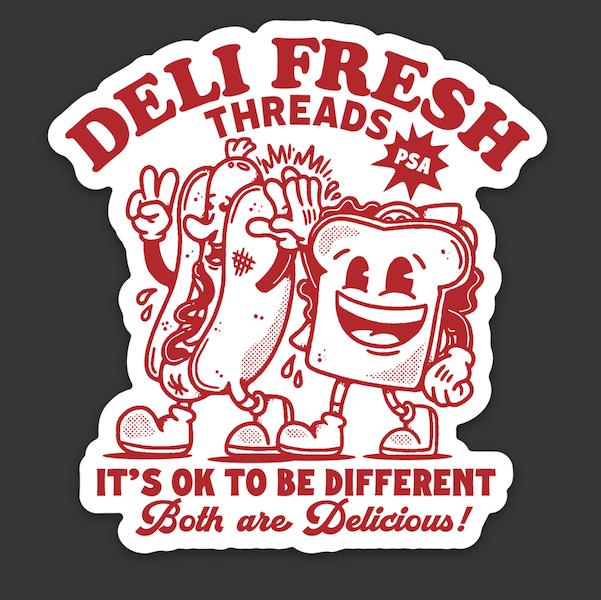 Sticker with cartoon hot dog and sandwich characters and text on a dark background