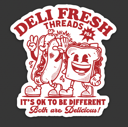 Sticker with cartoon hot dog and sandwich characters and text on a dark background