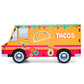 Taco truck piggy bank - side view. "Tacos" and happy avocado designs on side of truck with colorful banners.
