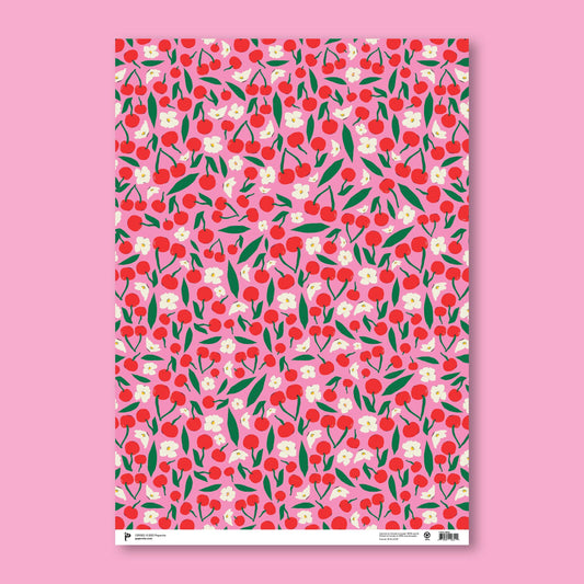 Sheet of gift wrap -- pink with red cherries and white flowers on it 