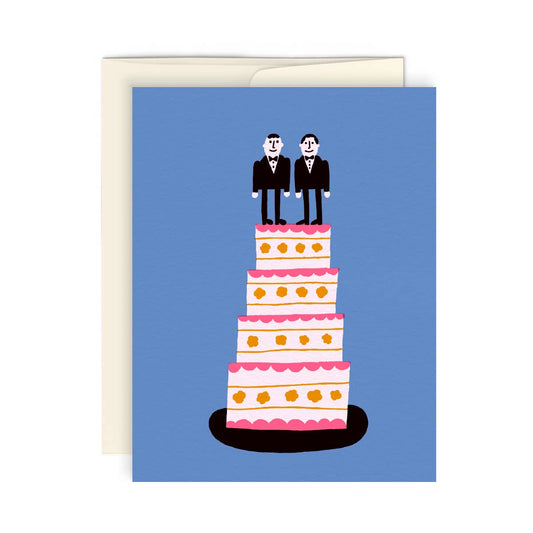 4 tier wedding cake with two men as the cake topper 
