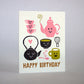 Birthday greeting card with different teapots + teacups.  