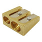 Brass pencil sharpener with two slots (large and small) for sharpening.