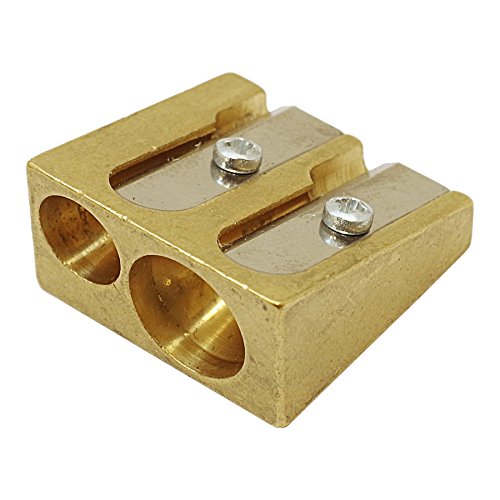 Brass pencil sharpener with two slots (large and small) for sharpening.