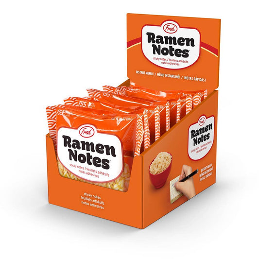 retail merchandising case of "ramen notes" which are post-it notes in ramen packaging.