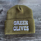 olive green beanie with white embroidered text that reads "Green Olives" 