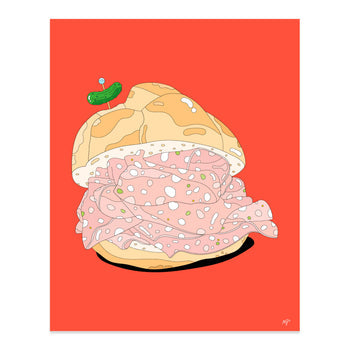 Mortadella sandwich print with red background. Mortadella is piled high between bread and has a cornichon on a pick.