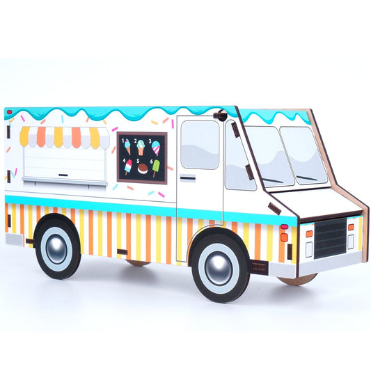 Ice cream truck piggy bank with stripes and sprinkles design in pastel colors - yellow, orange, pink, white, teal. Shown in 3/4 view, showing the front and side.