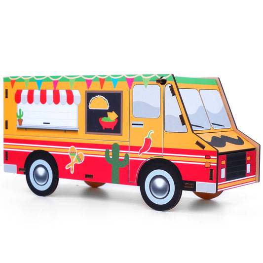 Taco truck piggy bank with bright red and orange design and festive details - colorful flags, taco menu, side window. Decorative maracas, pepper, and cactus "painted" on the side of the truck.
