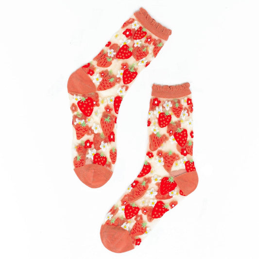 Pink and red strawberry sheer crew socks 