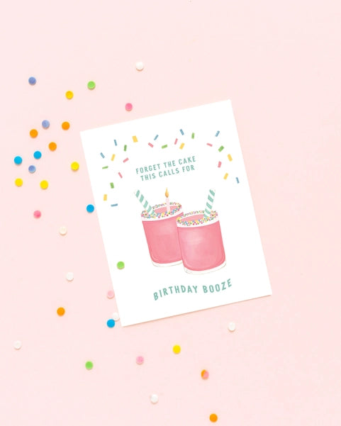 Birthday Booze Greeting Card shown on pink background with multi-colored confetti.