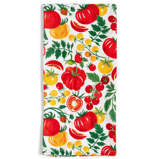 KItchen towel with all-over print of different kinds of red and yellow tomatoes, leaves and vines.