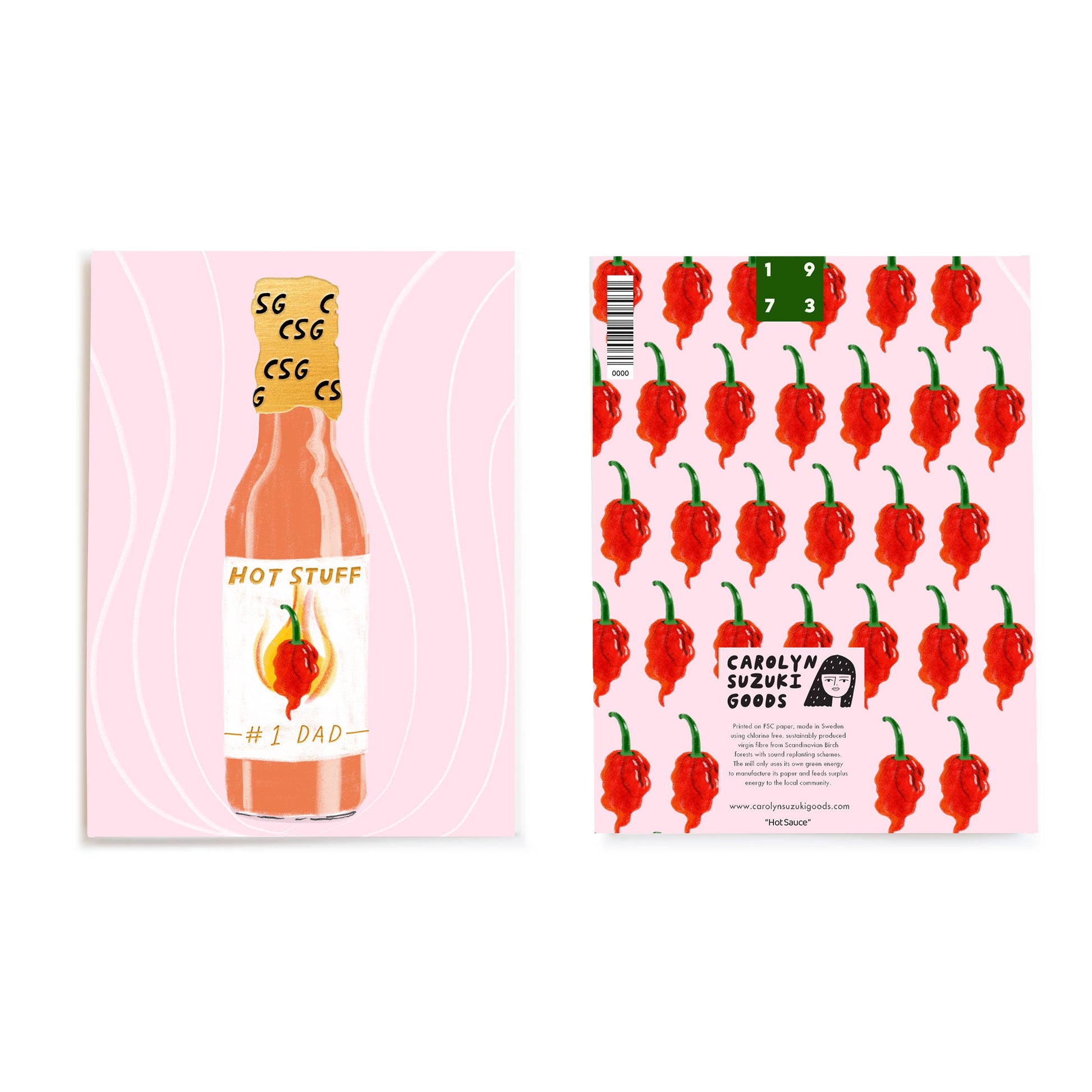 Imagery showing the front and back of hot sauce father's day card. Back is designed with rows of chili peppers. 