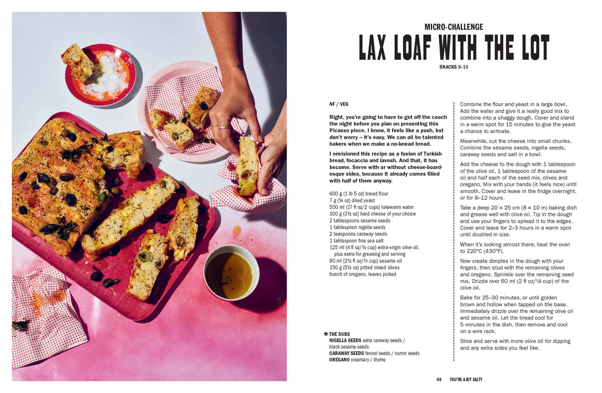 Recipe for a 'Lax Loaf with the Lot' on a cookbook page with food and text.