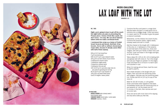 Recipe for a 'Lax Loaf with the Lot' on a cookbook page with food and text.