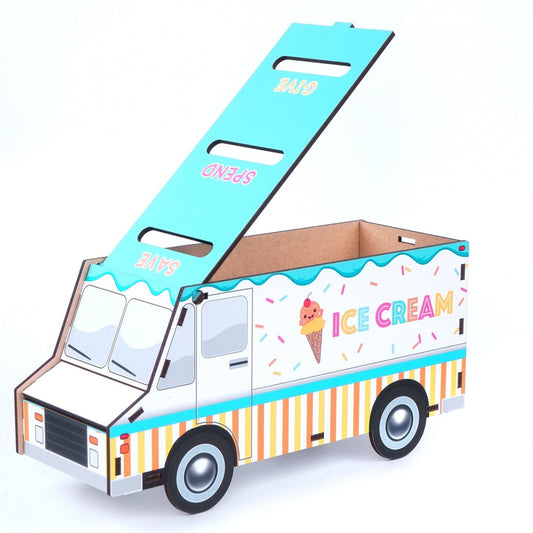Ice cream truck piggy bank shown from above with lifted lid for money retrieval.