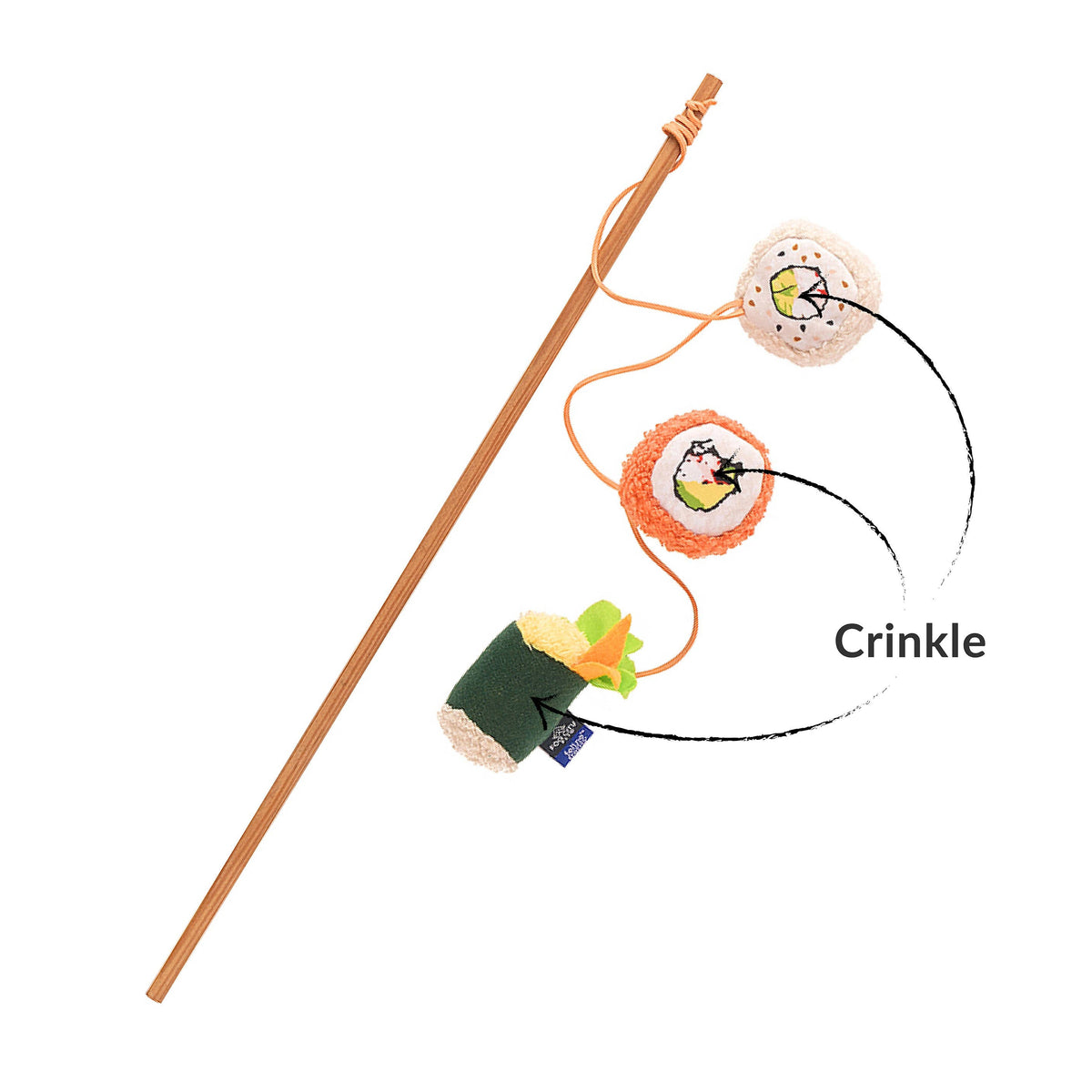 Cat toy with sushi crinkle elements and a brand logo on a white background