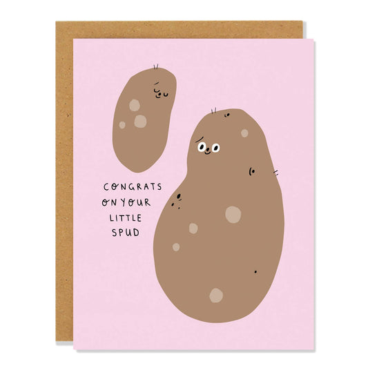 Newborn greeting card with a small and large potato on it with text that reads "Congrats on your little spud" 